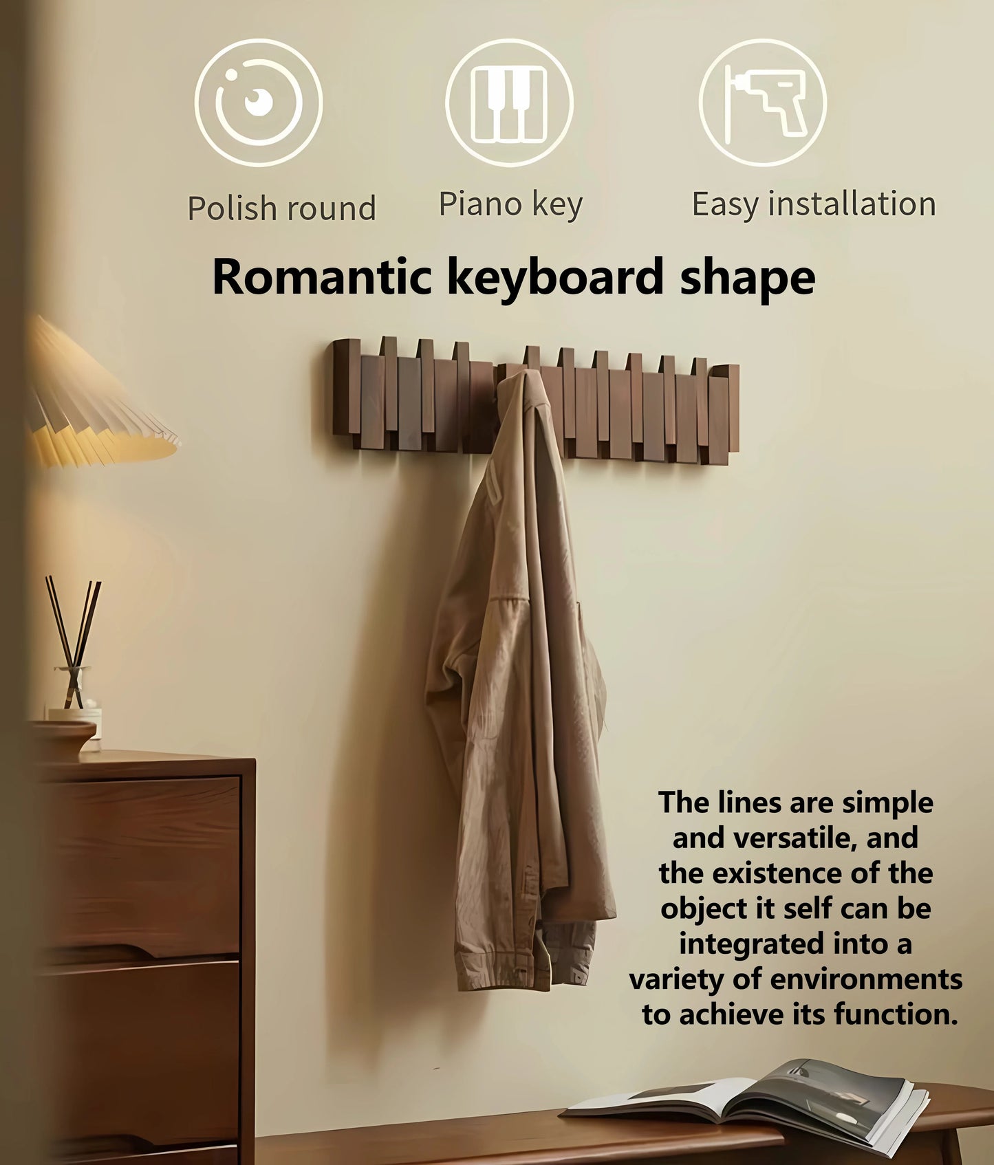 Tlongxia Wall Mounted Coat RackHooks Piano Key Hangers Natural Solid Wood Hangers Non-Woven Fabric Clothes Hangers for Closet, K